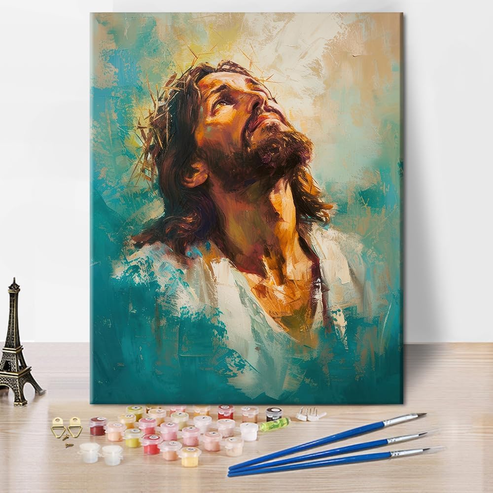 TUMOVO Framed Jesus Paint by Numbers for Adults Beginner, DIY Paint by Number on Canvas Christian, Adults' Paint-by-Number Kits Christ, Acrylic Oil Hand Painting for Adults Art Crafts 16"x20"