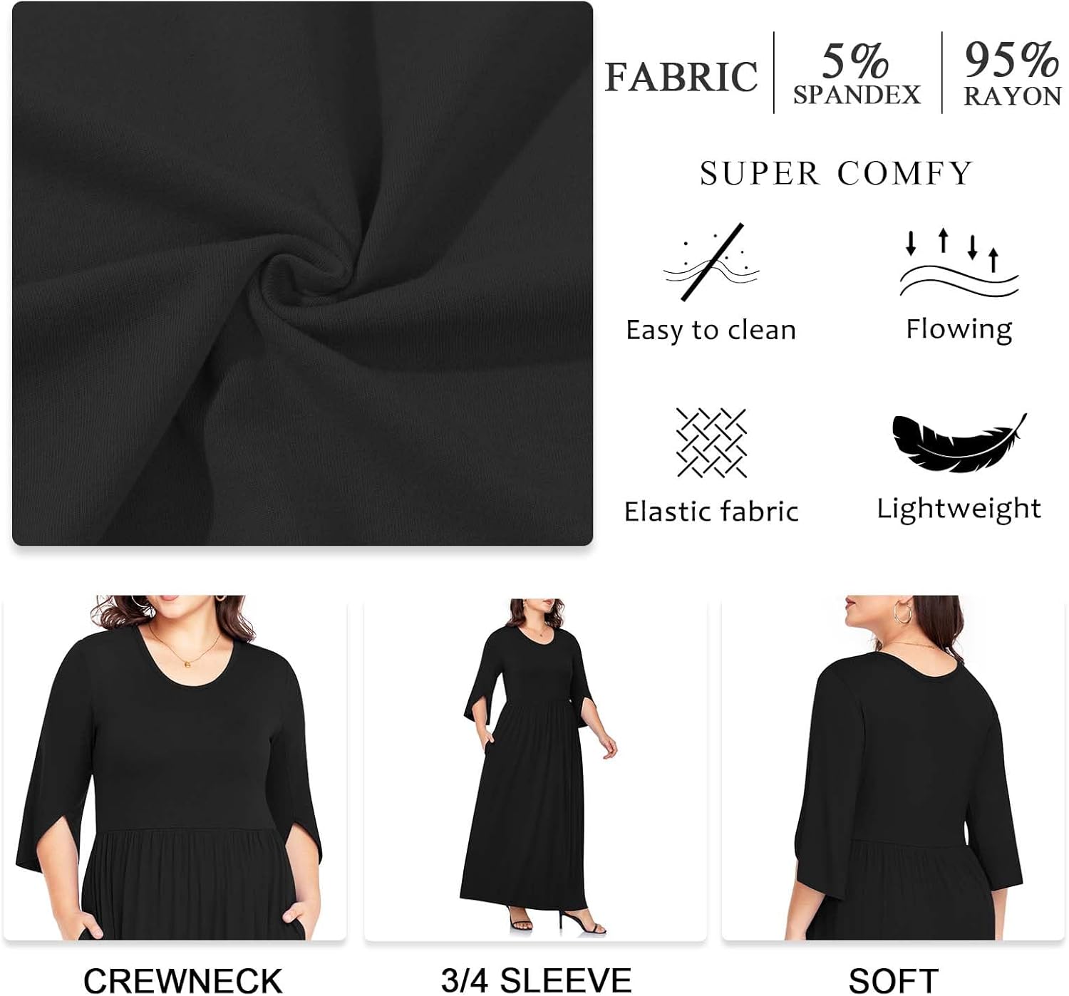 TAOHUADAO Women's Summer Plus Size Dresses Crewneck Ruffle 3/4 Sleeve Casual Maxi Dress - Image 4