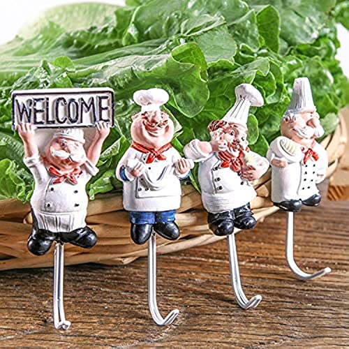 Cntqiang 4Pcs Kitchen Cartoon Chef Style Resin Wall Hooks Decorative Cloth Towel Hooks Hanger