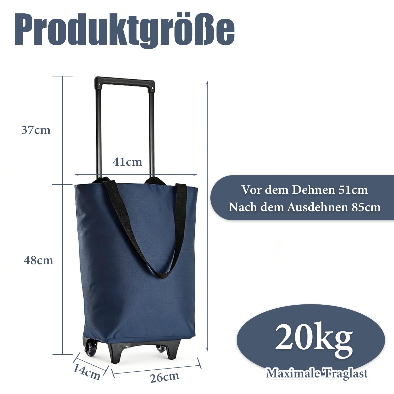 2-in-1 Einkaufstrolley Klappbar, 17L Faltbarer Einkaufstrolley, wasserdichte Einkaufstasche mit Rollen, Teleskopgriff, Wiederverwendbar Einkaufswagen Klappbar für Camping und Reisen(Blau)