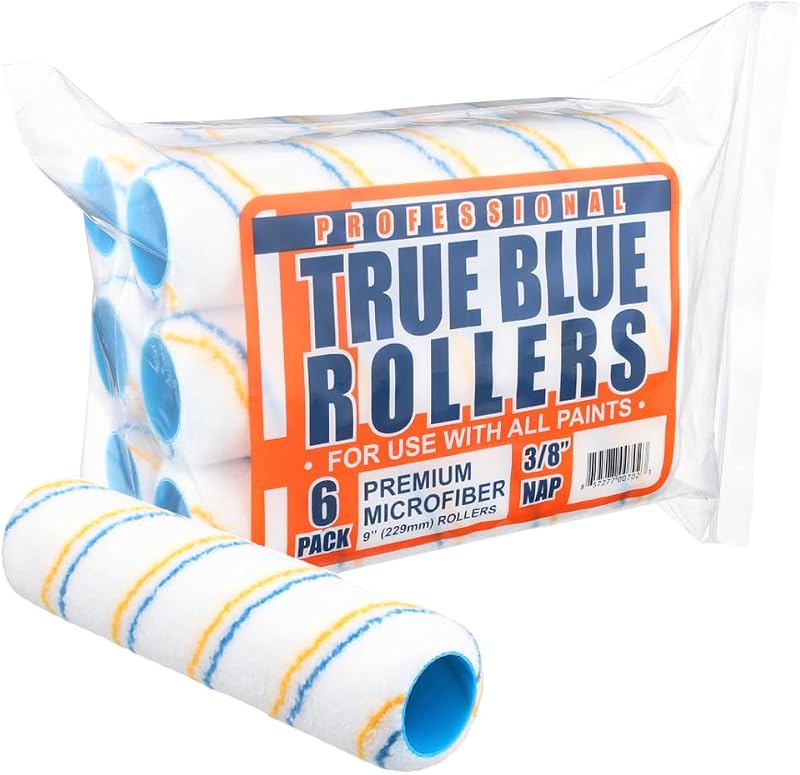 True Blue 9" Professional Paint Roller Covers, 9 Inch, Best for All Types of Painting Surfaces, Refill Bulk Pack (6, 3/8" Nap)
