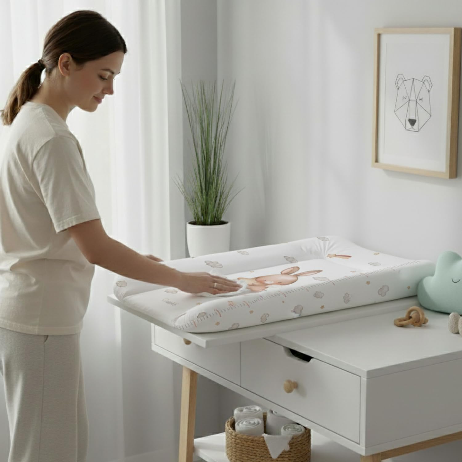 Materassino fasciatoio 50x70 cm, bianco con coniglio – impermeabile e lavabile, morbido per neonati – cuscino fasciatoio per cassettiera – materassino cambio pannolino, facile da pulire