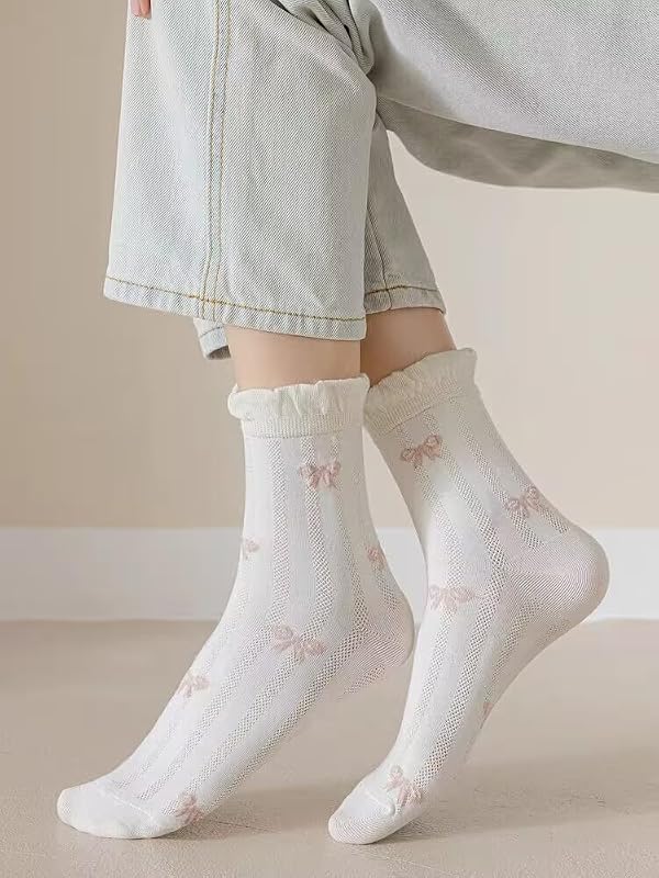 Cute Floral Crew Socks for Women Teen Girls Flower Cottagecore Frilly Vintage Fancy Cotton Socks White Frilly Mary Jane Socks by MarJunSep - Image 9