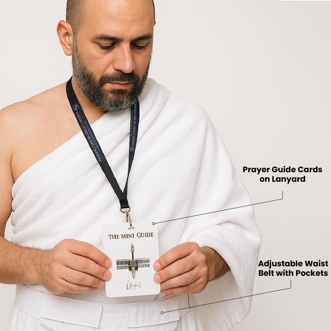 SweetNeedle Premium Terry Weave Ihram Ehram Ahram Towels Set for Men - Non-Stitched, Soft, Lightweight, Absorbent, Travel-Friendly| Hajj & Umrah Gift Pack with Fanny Pack, Tasbih & Dua Card