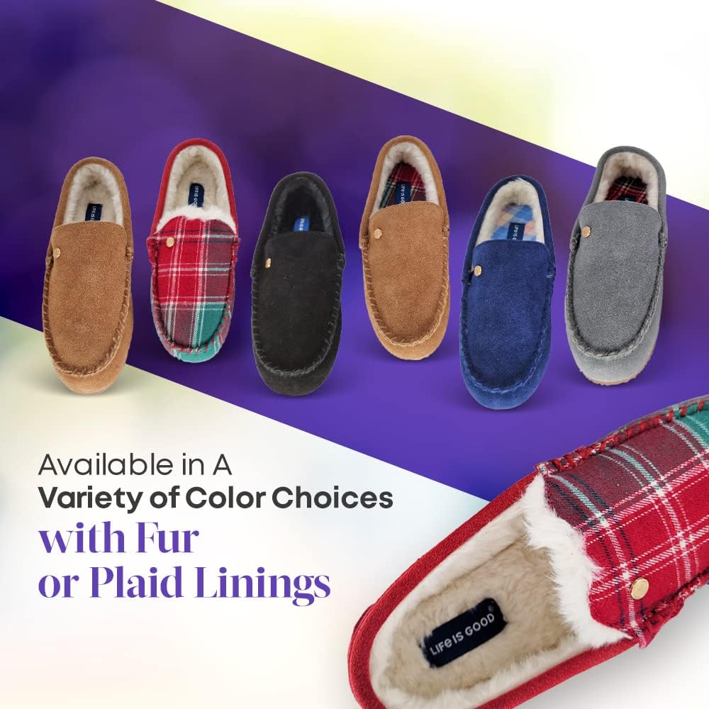 Life is Good Women's Venetian Moccasin Slippers, 302795W - Suede Close Back Indoor/Outdoor Slip-Ons with Faux Fur or Plaid Lining Cushioned Footbed & EVA Outsoles (Dk Blue/Plaid - Size 11) - Image 5