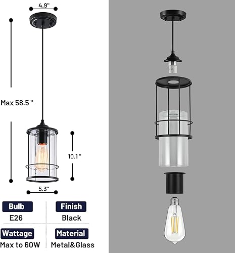Miniatura 5 de Luces colgantes, lámparas colgantes negras para isla de cocina, paquete de 2 con vidrio transparente, iluminación colgante de jaula industrial