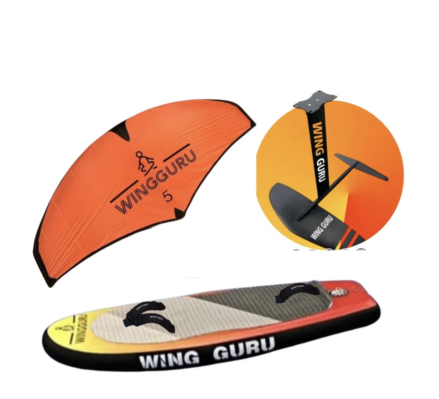 Set completo per wingsurf, tavola da 140 l e 110 l con ala da 5 m², ideale per principianti e esperti, tutti gli accessori inclusi