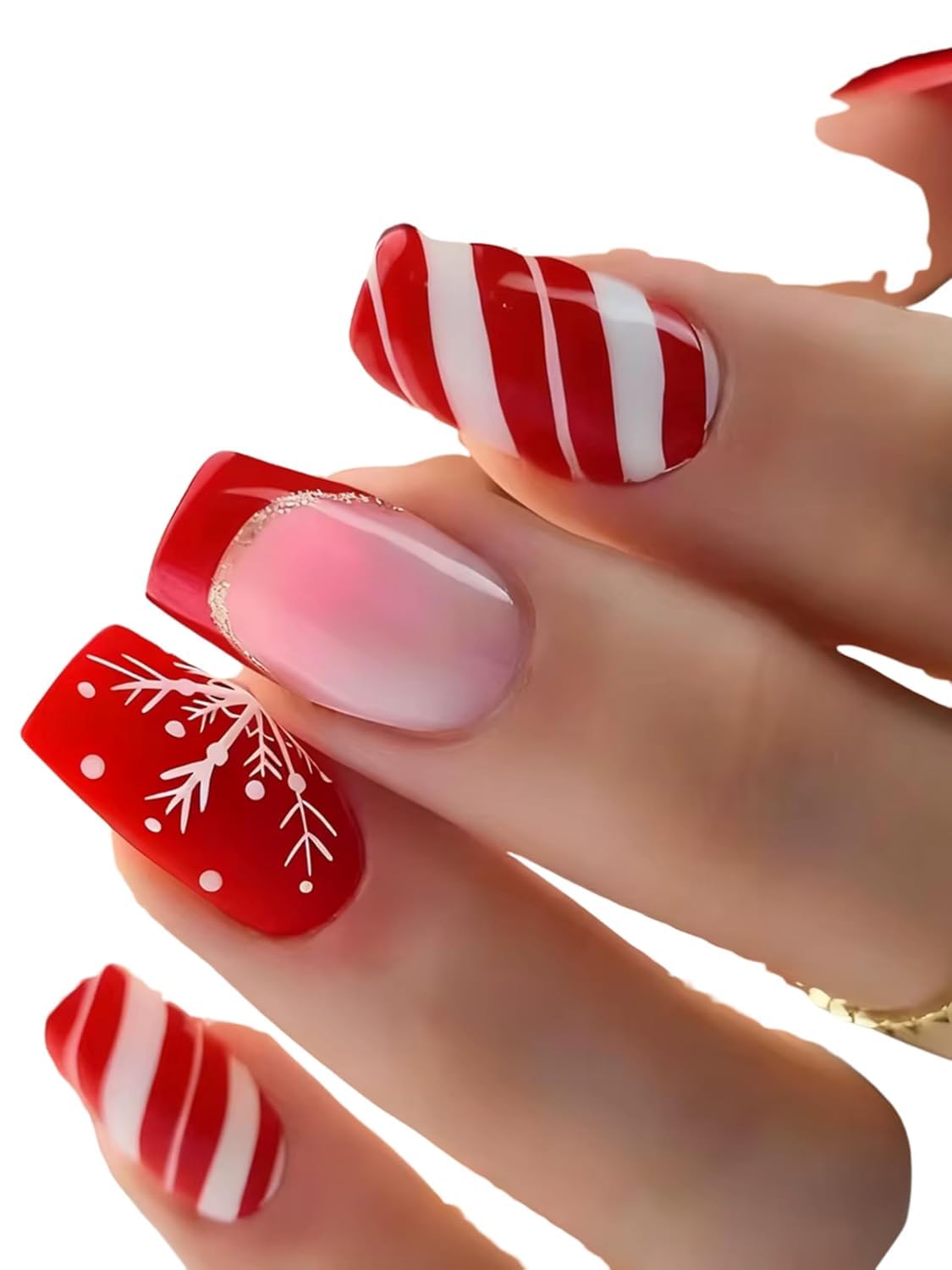 Olalaclayco Christmas Press-on Nails, 24 Piece French Manicure with Snowflake Design, Red and White ABS Acrylic, Winter Holiday Theme, Glossy Finish (3)