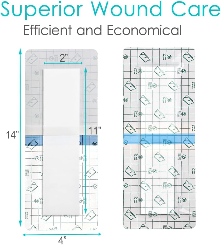 Long Waterproof Bandage Knee Replacement Surgery | 4x14 Inch Shower Protector Island Dressing Pad Bordered Gauze | Hip Surgery Recovery Large Wounds Incision Cover with Adhesive Border (Pack of 25)