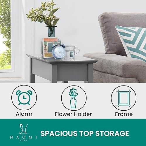 Miniatura 3 de Naomi Home Roxy Mesa auxiliar estrecha: elegante mesa auxiliar delgada con almacenamiento superior abatible y estante abierto, mesita de noche gris