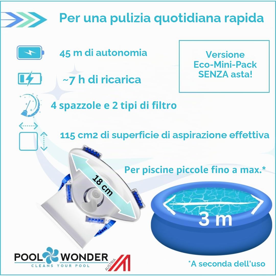 Poolwonder Cleverix - Aspirapolvere a batteria per piscina, prodotto in Austria, super maneggevole, set senza asta