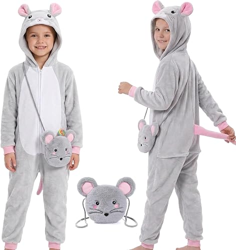 Animal Hooded Costume for Kids Boys Girls Halloween Jumpsuit Cosplay One Piece Romper with Bag for Kids 6-13 Years