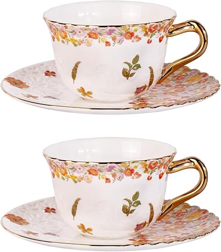 Miniatura 8 de KAMMAK Juego de 2 tazas de té y platillos, tazas de café de porcelana reforzada, tazas de café apilables de 8.5 onzas, demitasse de cerámica para