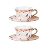 KAMMAK Tea Cups and Saucers Set of 2, Reinforced Porcelain Coffee Cups, 8.5-Ounce Stackable Espresso Mugs, Ceramic Demitasse for Coffee, Cappuccino, Latte, Americano, Tea, Secret Flourish