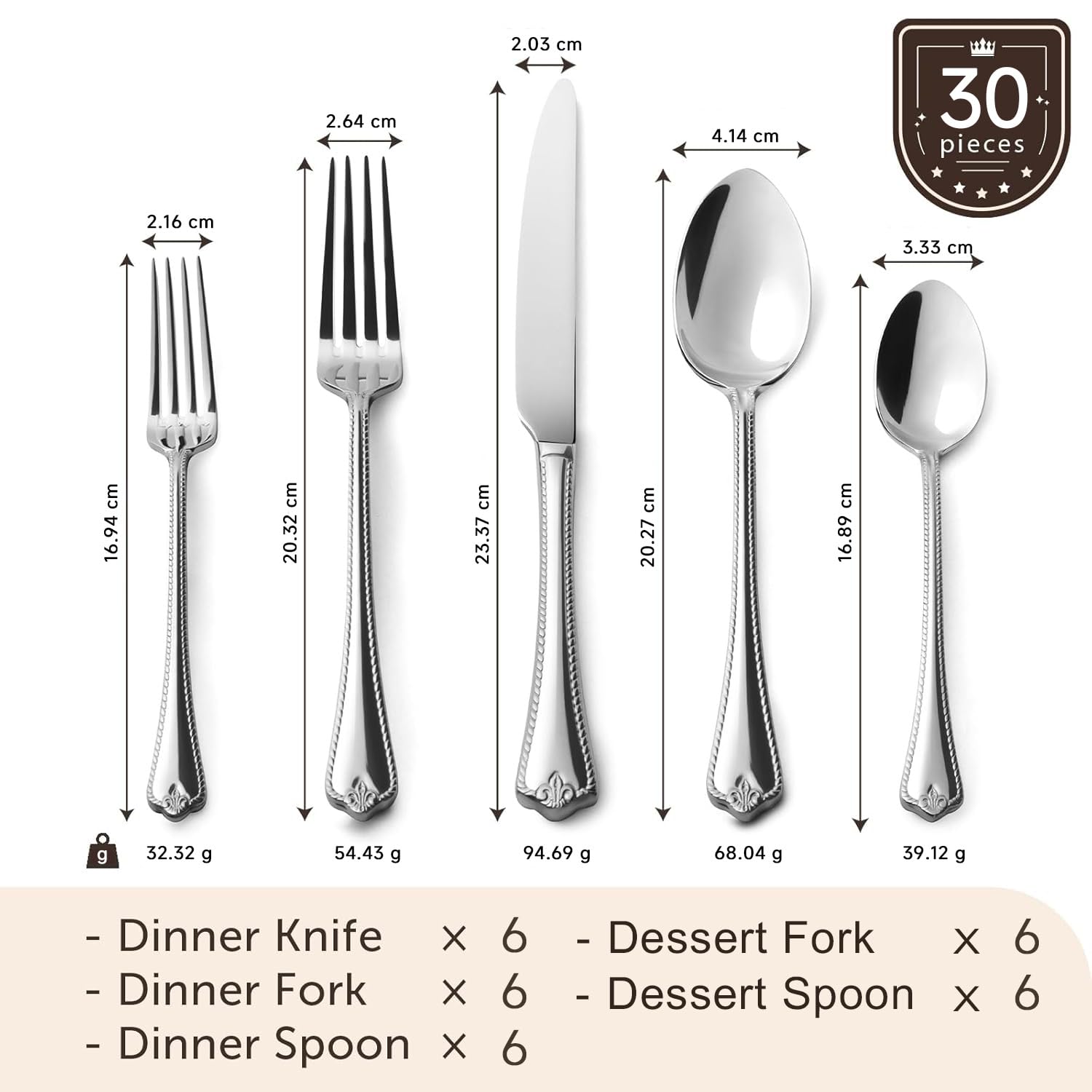 HIKAA 30-Teiliges Edelstahl Besteck Set 6 Personen, 18/10 Besteckset | Chippendale Essbesteck Spiegelpoliert, Spülmaschinenfest, Cutlery Set für Zuhause, Restaurant, Hochzeit, Party, (Silber）