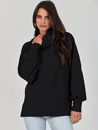Miniatura 7 de Caracilia Sudadera de gran tamaño para mujer, cuello alto, manga larga, suéter de punto, sin botones, para otoño e invierno, ropa casual de moda
