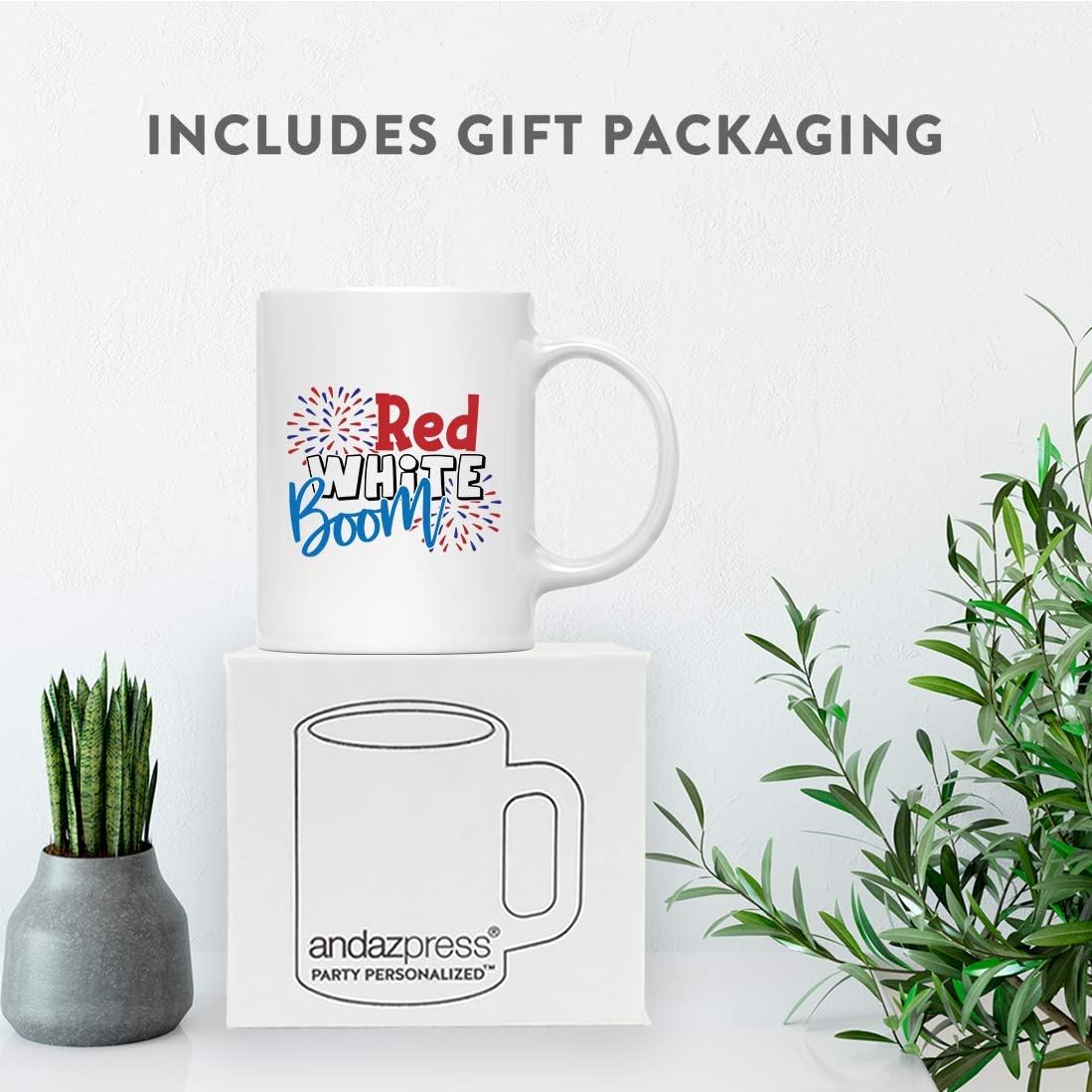 Andaz Press 4th of July 11oz. Ceramic Coffee Tea Mug Gift, Red White Boom, 1-Pack