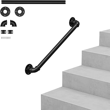 Wall Handrail for Stairs Steps, Black Metal Industrial Pipe Staircase Handrail for Indoor Outdoor Wall Mount Support, Wall Hand Railing,Safety Handle Black, 100cm