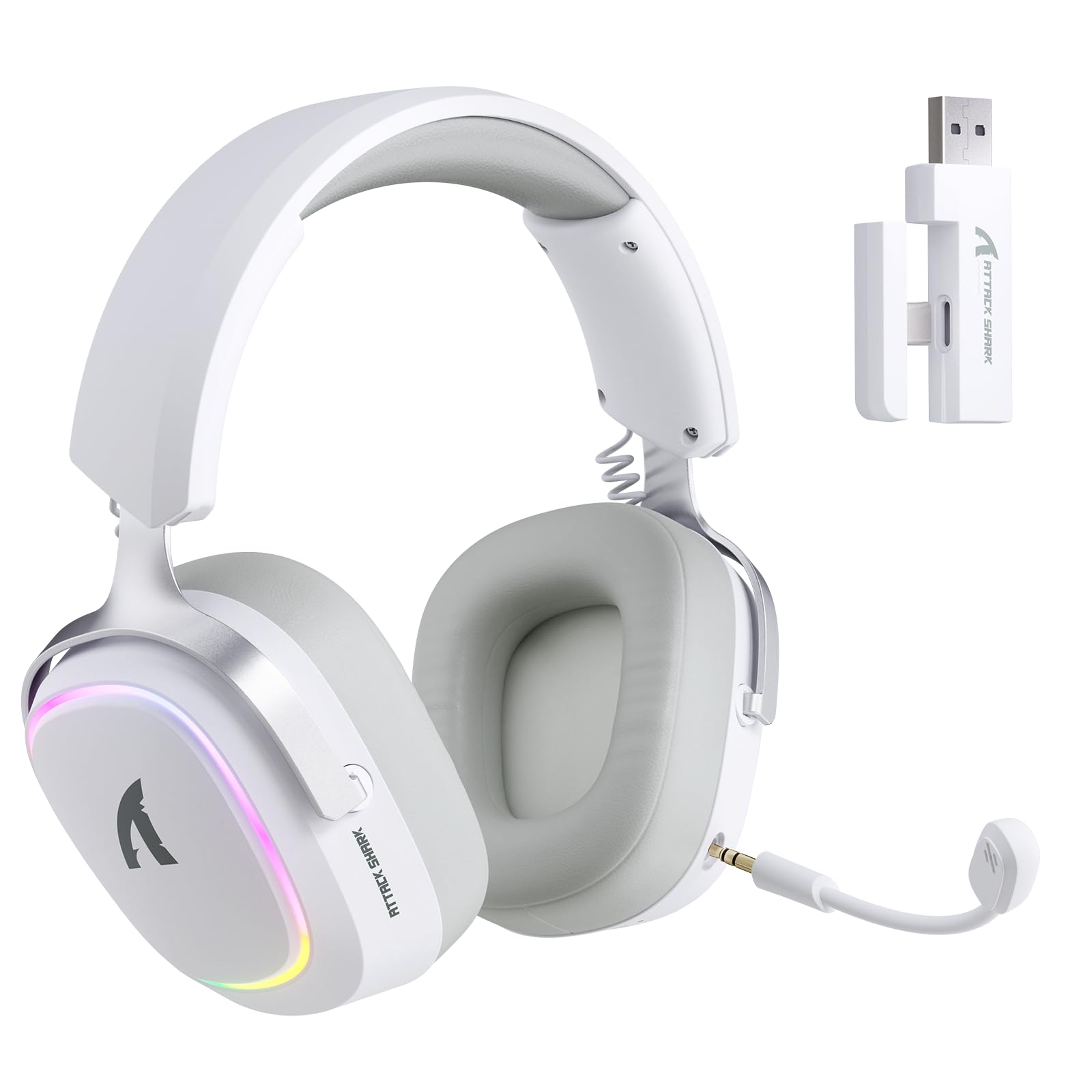 ATTACK SHARK G800 Casque Gaming sans Fil, Cadre Aluminium, 7.1 Surround, Mic ENC Flexible, Tri-Mode(2.4G/BT/3.5mm), 1000mAh, 50mm Pilote, RGB pour PC/Mac/PS/Xbox - Blanc