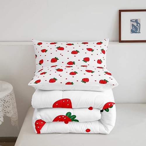 Miniatura 5 de Lindo juego de edredón de fresa, tamaño individual, juego de ropa de cama de 2 piezas con lunares rojos y plantas, para niños, adolescentes, niñas,