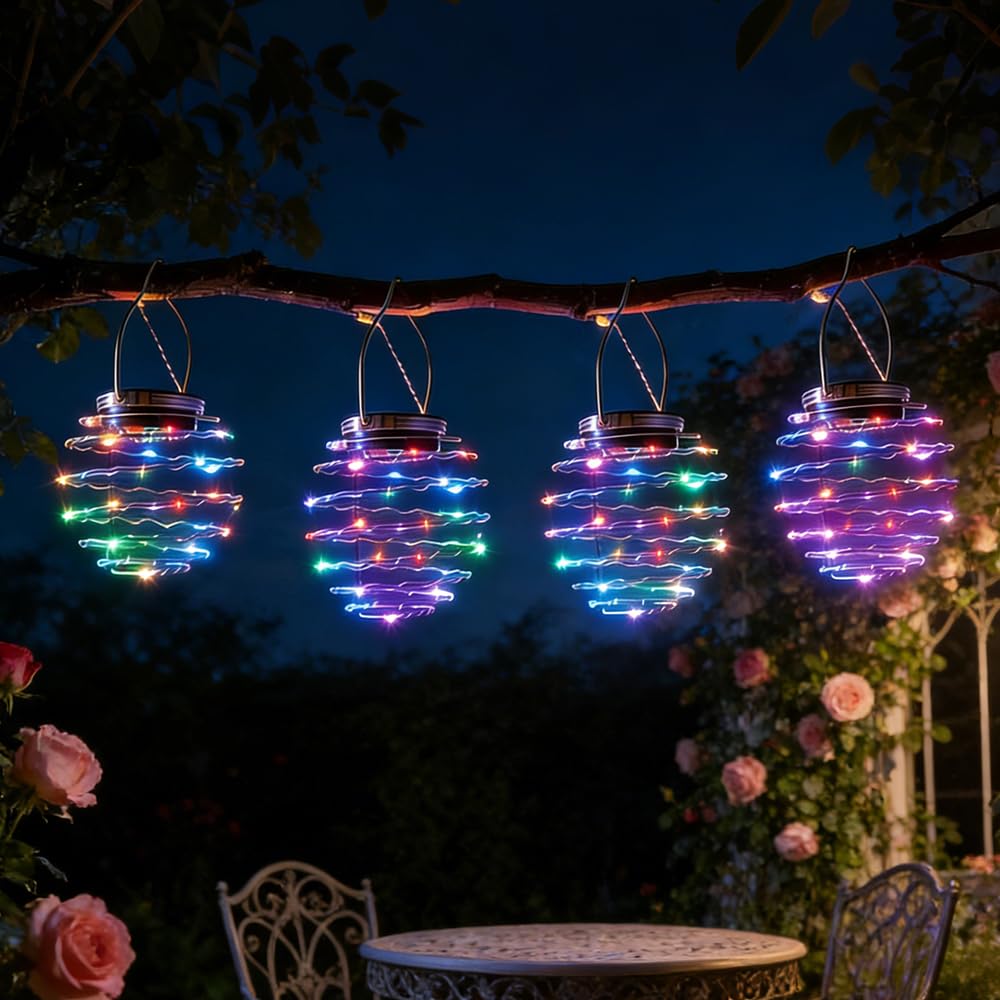 Afenau Solar Spiral Lanterns for Outside, 4 Pcs Solar Lanterns for Outside, Waterproof Garden Lanterns Solar Powered, Hanging Solar Lights for Party, Garden Wedding, Porch Decor (Colored Light)