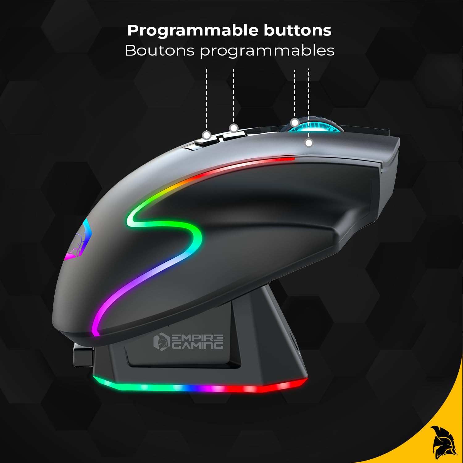 EMPIRE GAMING RF908 - Souris Gamers sans Fil Rechargeable avec Station de Recharge Magnétique RGB - 10000 DPI 8 Boutons Programmables Modes WiFi 2.4GHz / BT/Filaire Via USB-C (Noir)