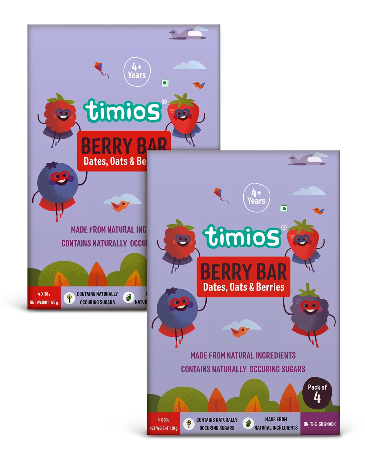 Timios Berry Bar Healthy Snack Natural Energy Food Product Ready to Eat for Toddlers - 4+ Years (Pack of 8)