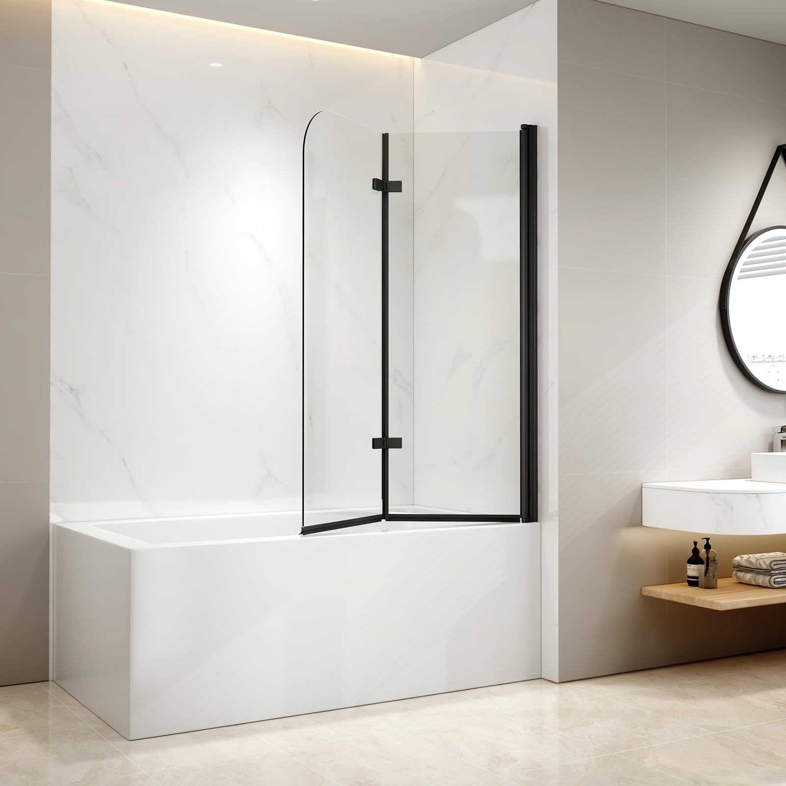 EMKE Mampara de bañera plegable 100x140cm,2 hojas pivotantes, Borde negro | mampara bañera de cristal de seguridad de 6 mm, Giratorio 180°,style industriel,Revestimiento nano fácil de limpiar