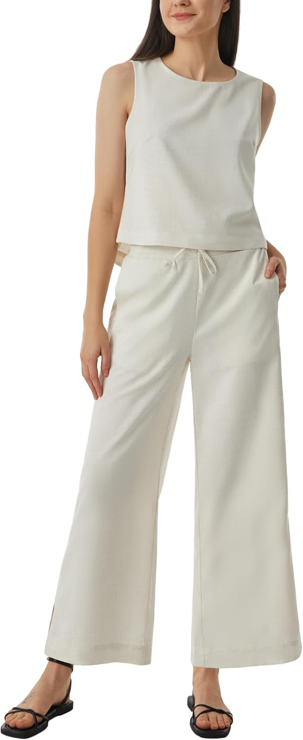 AFITNE Women's Summer 2 Piece Outfits Linen Sleeveless Tank Crop Top Wide Leg Pants Lounge Matching Sets 26" inseam X-Large Beige