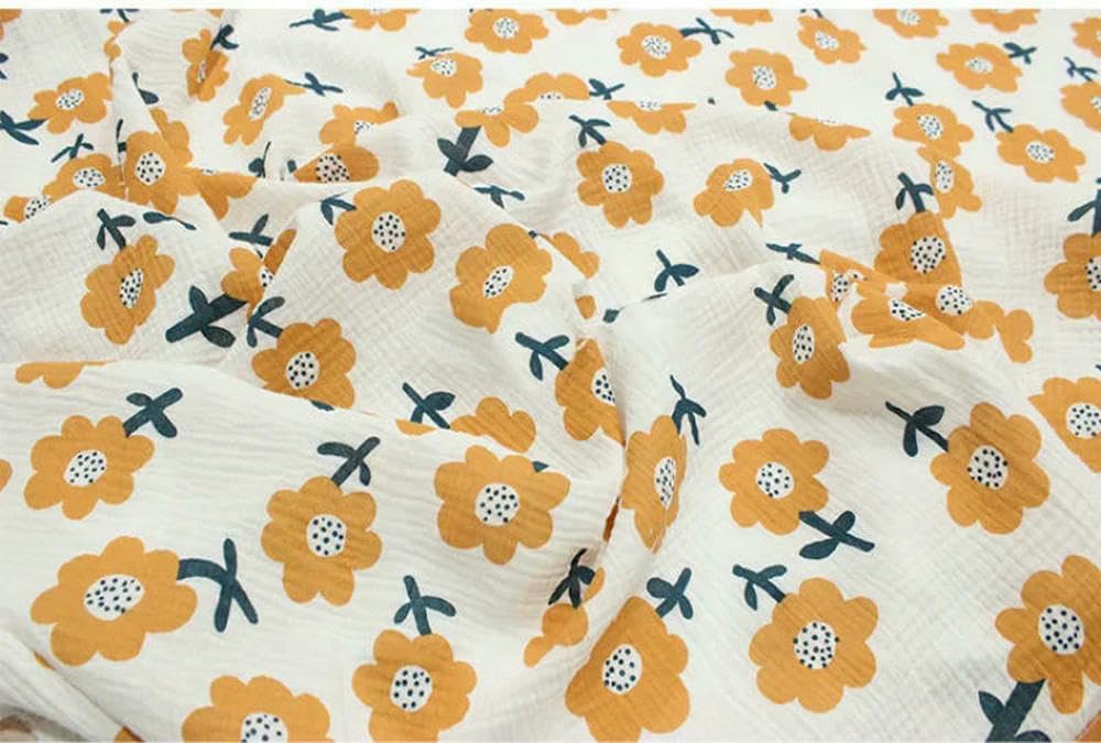 Tejido de gasa doble, Tela Seersucker Crepe De Algodón Estampada Flores Blanco 100x135cm