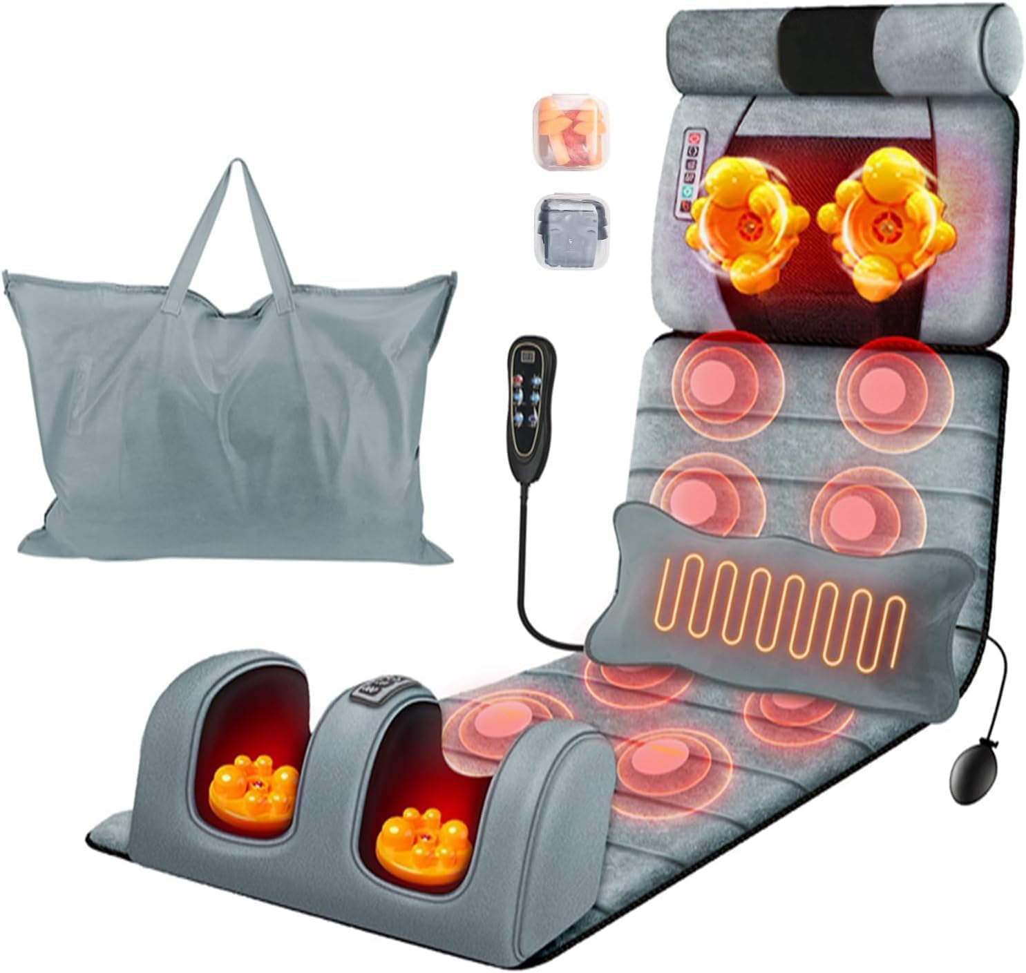 KOCASO Full Body Massage Mat with Heat, Electric Heated Massage Pad Cushion w/Vibration for Back/Neck/Foot, Detachable Head Pillow, Timer Function,with 2 Earplugs