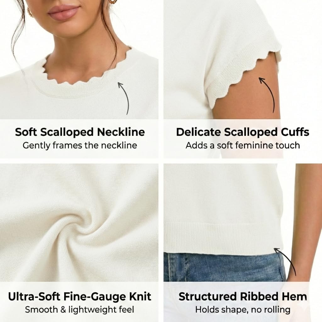 Women Summer Sweater Cap Sleeve Lightweight Pullover Soft Knit Top with Scallop Wavy - Image 5