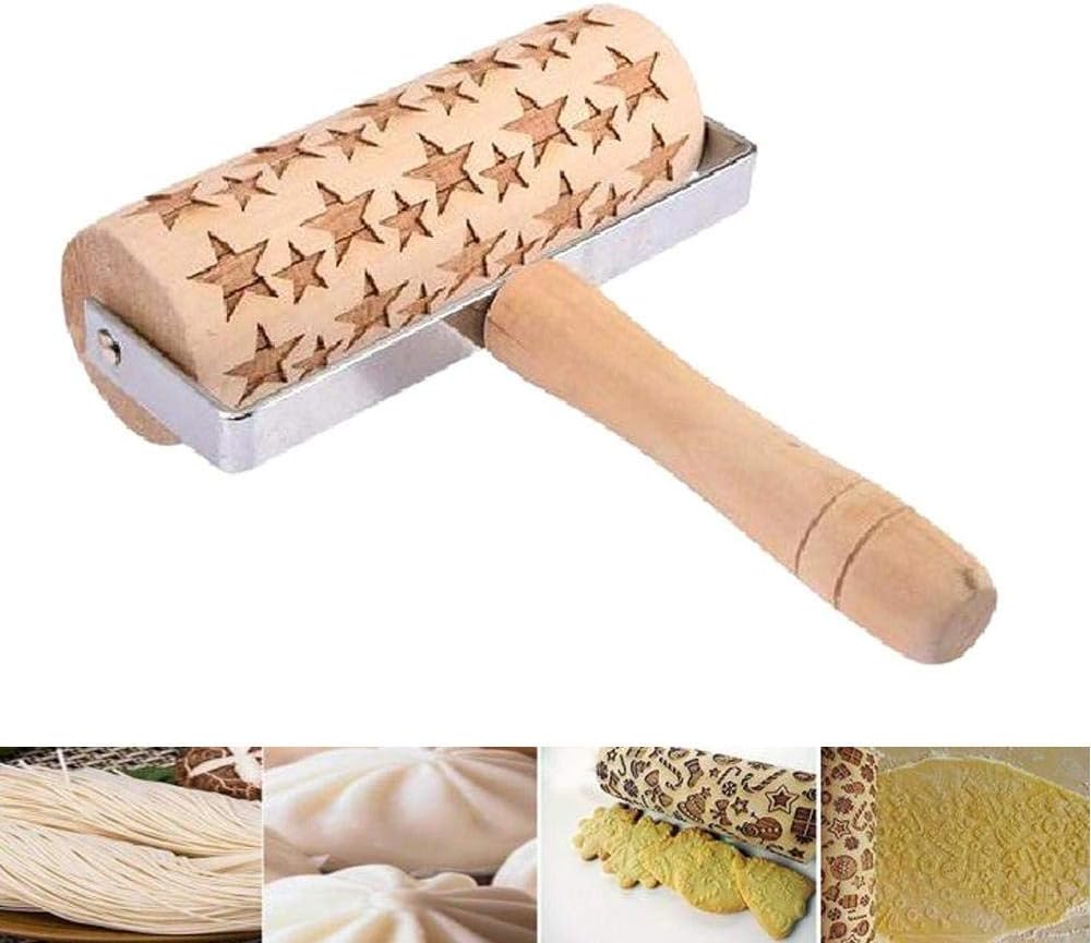 Perfuw Embossed Rolling Pins, Stars Wood Dough Roller, Natural Safe Wax Free Baking Roller, Easy Grip Handles For Christmas Hand Rolling, Dough, Pizza, Pastry, Cookie 5.5 By 7.1 Inch