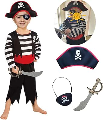 SPUNICOS Children's Pirate Costume with Pirate Hat,Eyepatch,Pirate Cutlass
