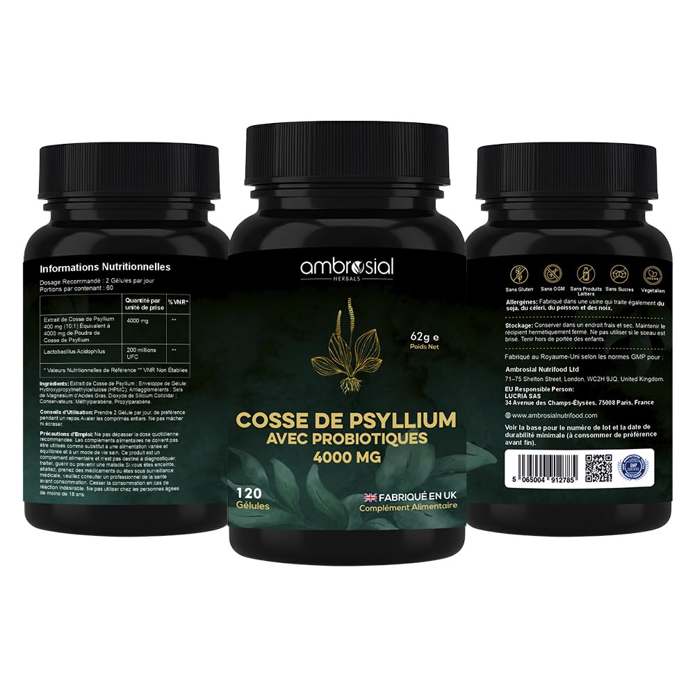 Ambrosial Psyllium Husk 4000 mg avec Probiotiques – Complexe Fibres & Probiotiques 2-en-1 à Base de Plantes – Source Quotidienne de Fibres avec Lactobacillus Acidophilus – 120 Capsules Végan – Sans OG