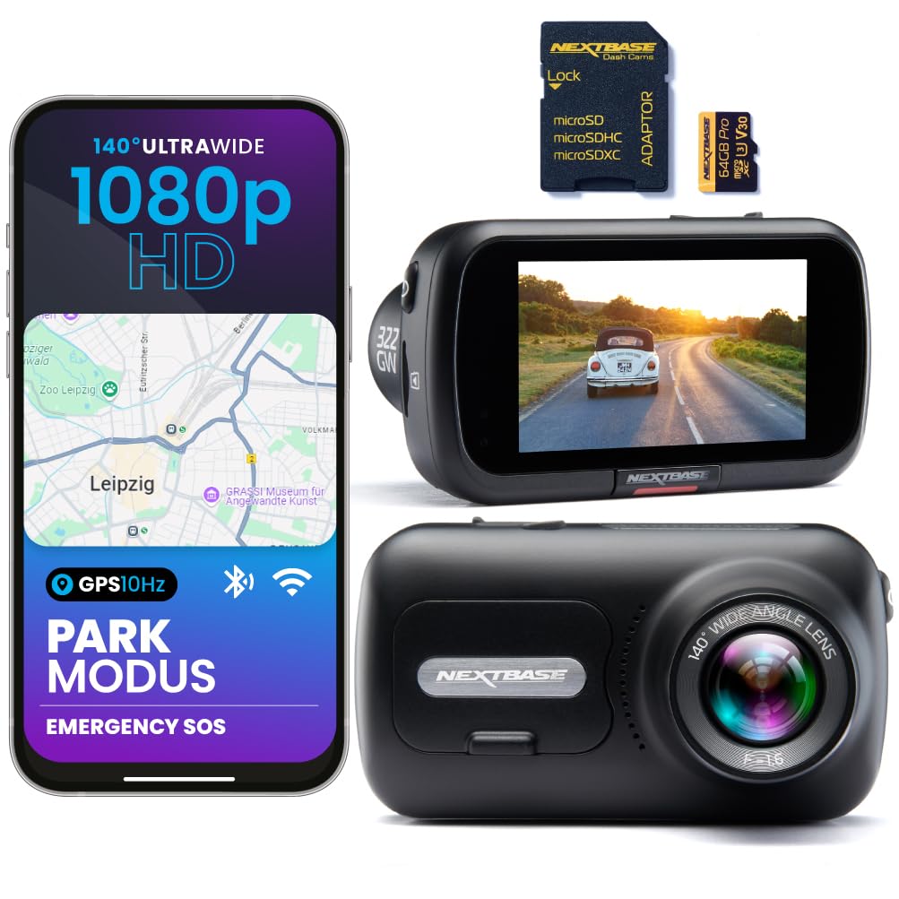 Nextbase® 322GW Dash cam Auto | Modalità di Parcheggio 24/7 | Dashcam Auto 1K 1080p 60fps | Schermo Tattile da 2,5" Telecamera | Camera con Angolo di Visione di 140° | MicroSD da 64 GB Inclusa
