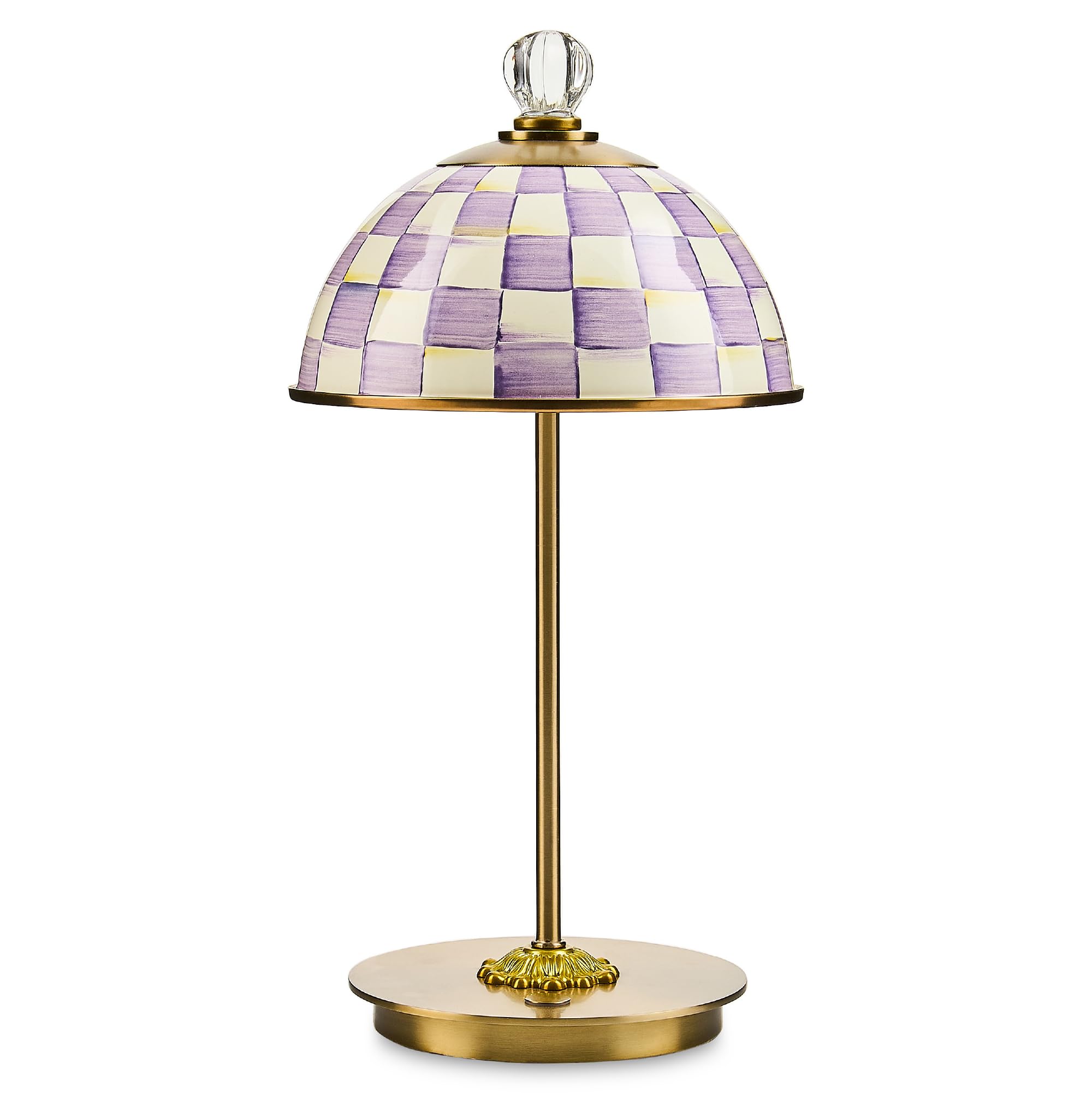 MACKENZIE-CHILDS LED Rechargeable Dome Table Lamp, Cordless Decorative Lamp, Purple-and-White Violet Check