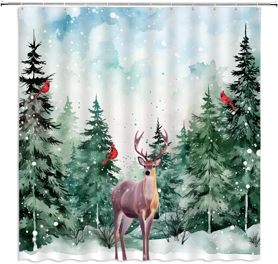 Winter Forest Deer Shower Curtain Merry Christmas Watercolor Farmhouse Elk Moose Rustic Cabin Hunnting Red Bird Happy New Year Bathroom Decor Fabric Curtains with Hook 80Wx70H Inches