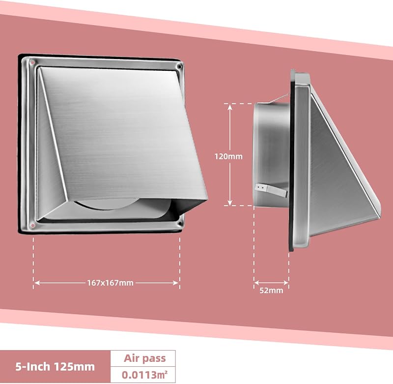 WeCooper Rozsdamentes Acél Szellőzőrács 125 mm - Időjárásálló Lamellás Szellőzőnyílás Ezüst Színben Elszívóhoz, Ventilációs Rendszerekhez