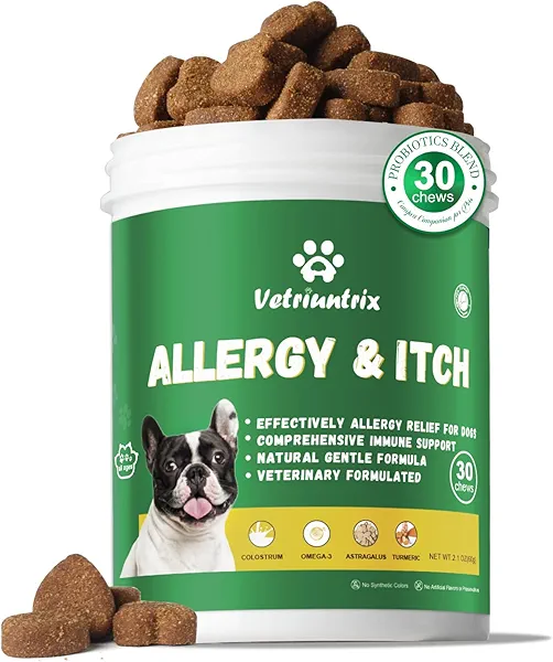 Vetriuntrix Dog Allergy Chews, Dogs Allergy Relief Chews for Paw Licking Itchy Skin Coat Supplement, Probiotics for Dogs with Colostrum Omega-3 Astragalus Immune Supplement-30ct