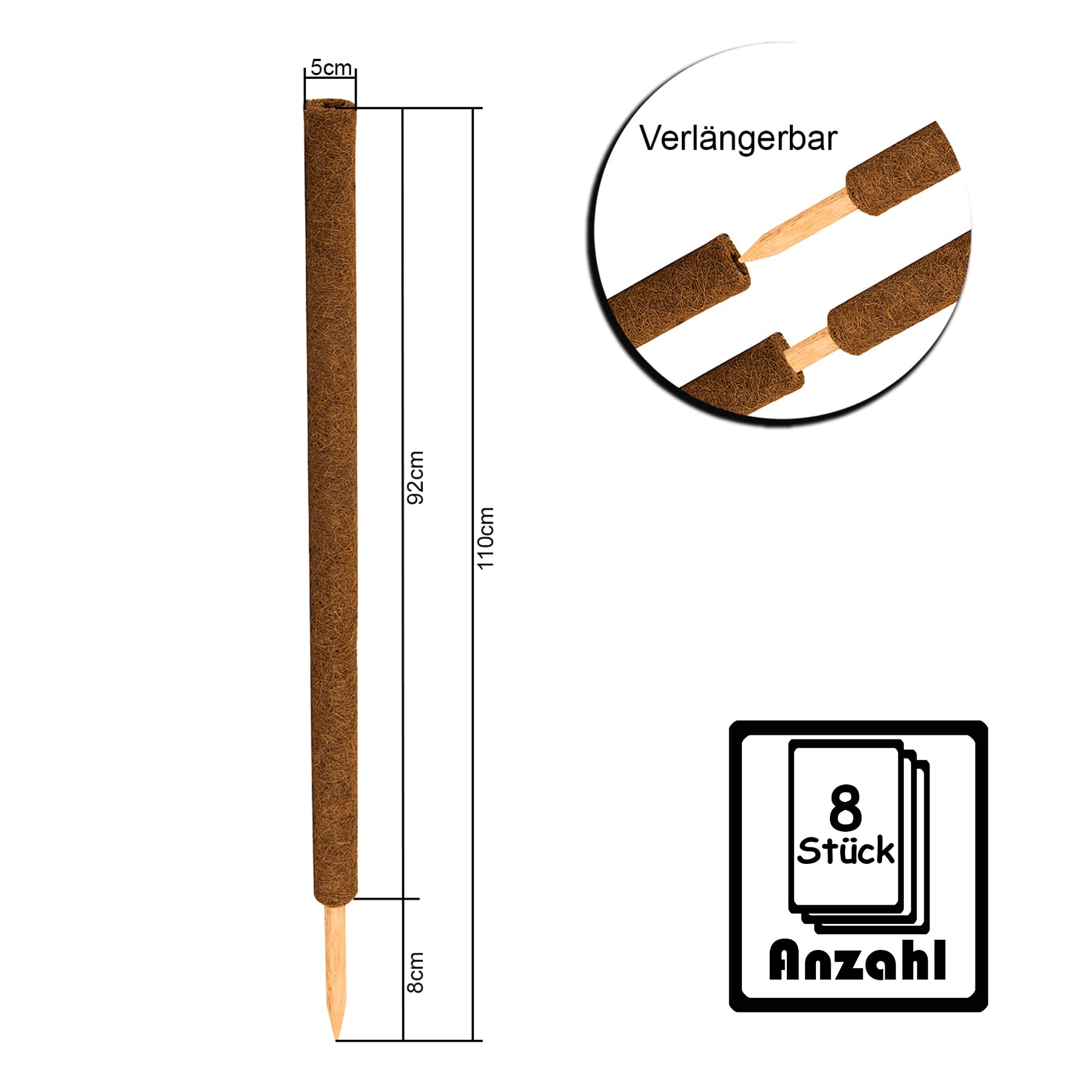 Lot de 8 tuteurs de fleurs en coco - 110 cm - Pour décoration - En fibre de coco naturelle - Extensible