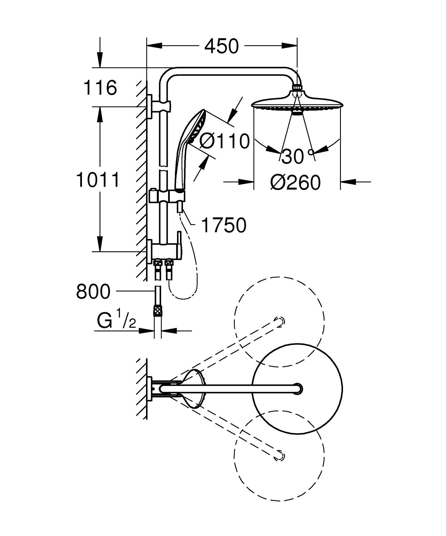 GROHE Colonne de douche avec inverseur Vitalio Joy 260, douche apparente, tête de douche 250mm, barre orientable, pommeau de douche Vitalio Joy 110 3 jets, chromé, 27357002 (Import Allemagne)