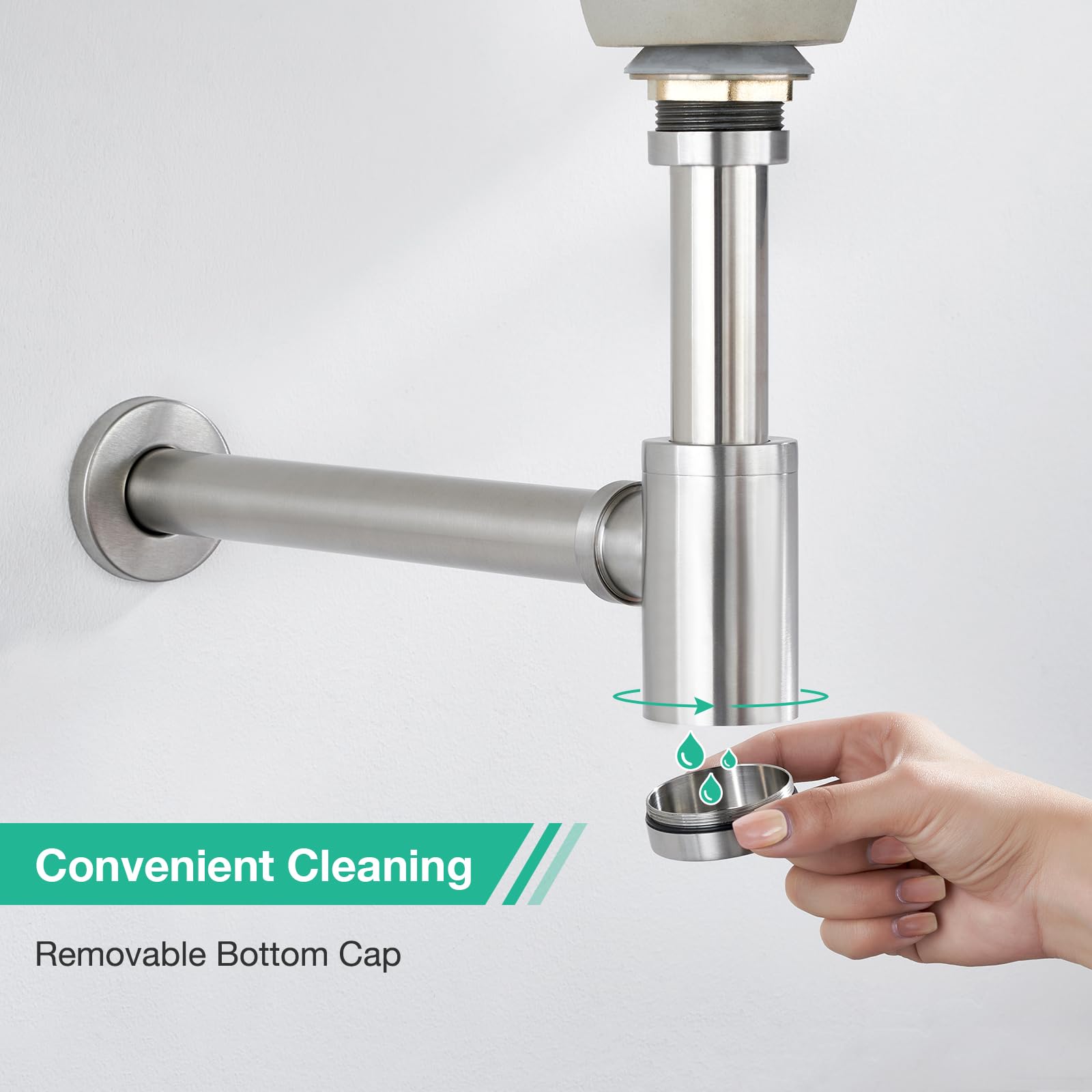 Faustina Sifón universal para lavabo, sifón tubular de 1 1/4 pulgadas, desagüe para lavabo, baño de acero inoxidable cepillado