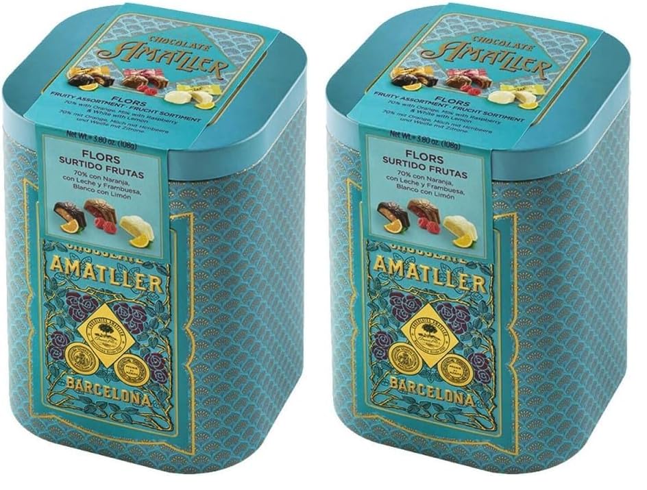 Chocolate Amatller Regalo Original (Caja Regalo Metálica Bombones de Chocolate con Fruta 108gr) Variados (Paquete de 2)