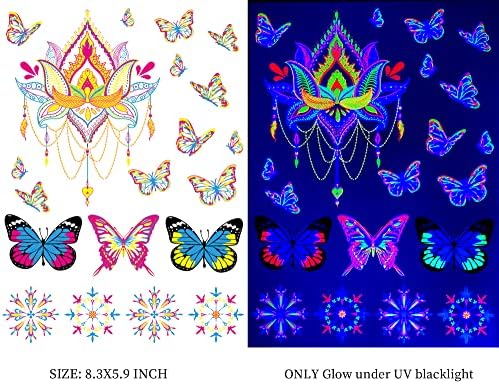 DIVAWOO 8 Sheets Glow in the Dark Neon Temporary Tattoo,UV Blacklight Neon Glow Fake Tattoos, Rave Festival Accessories for Women Party Supplies