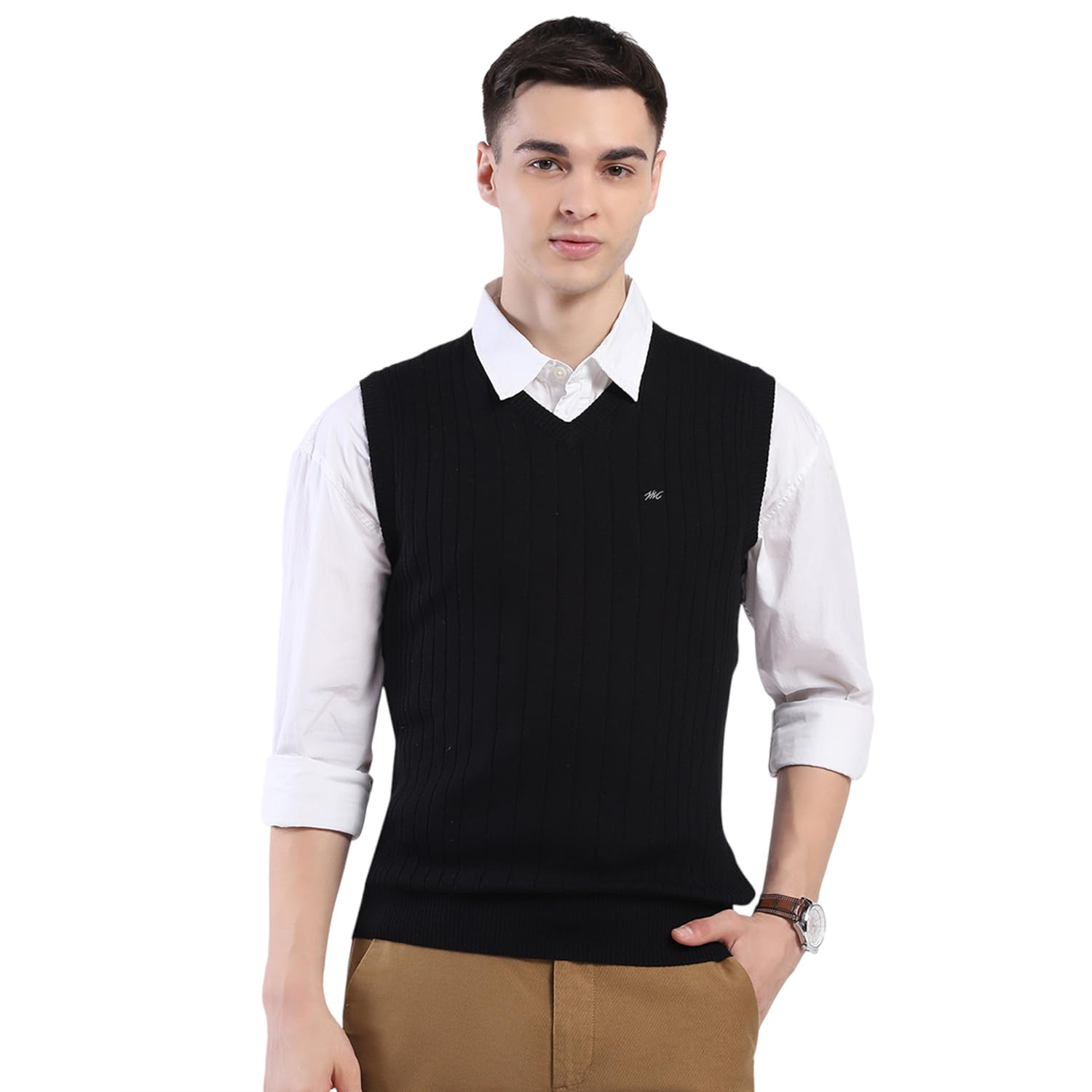 Men Regular Fit Solid Pattern V Neck Pull On Sleeveless Winter Sweater-image-15