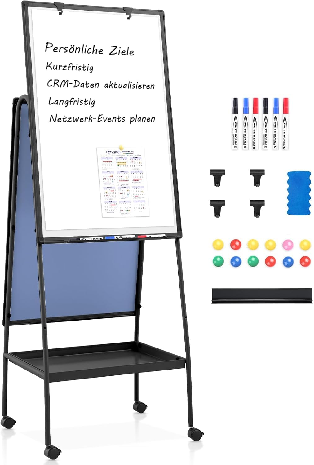 MAKELLO Flipchart 90x60cm Doppelseitiges Whiteboard mit Ständer | Höhenverstellbar, Magnetisch und Beschreibbar, mit 4 Leisen Rollen, mit Ablagefach, Flipchart Ständer für Büro