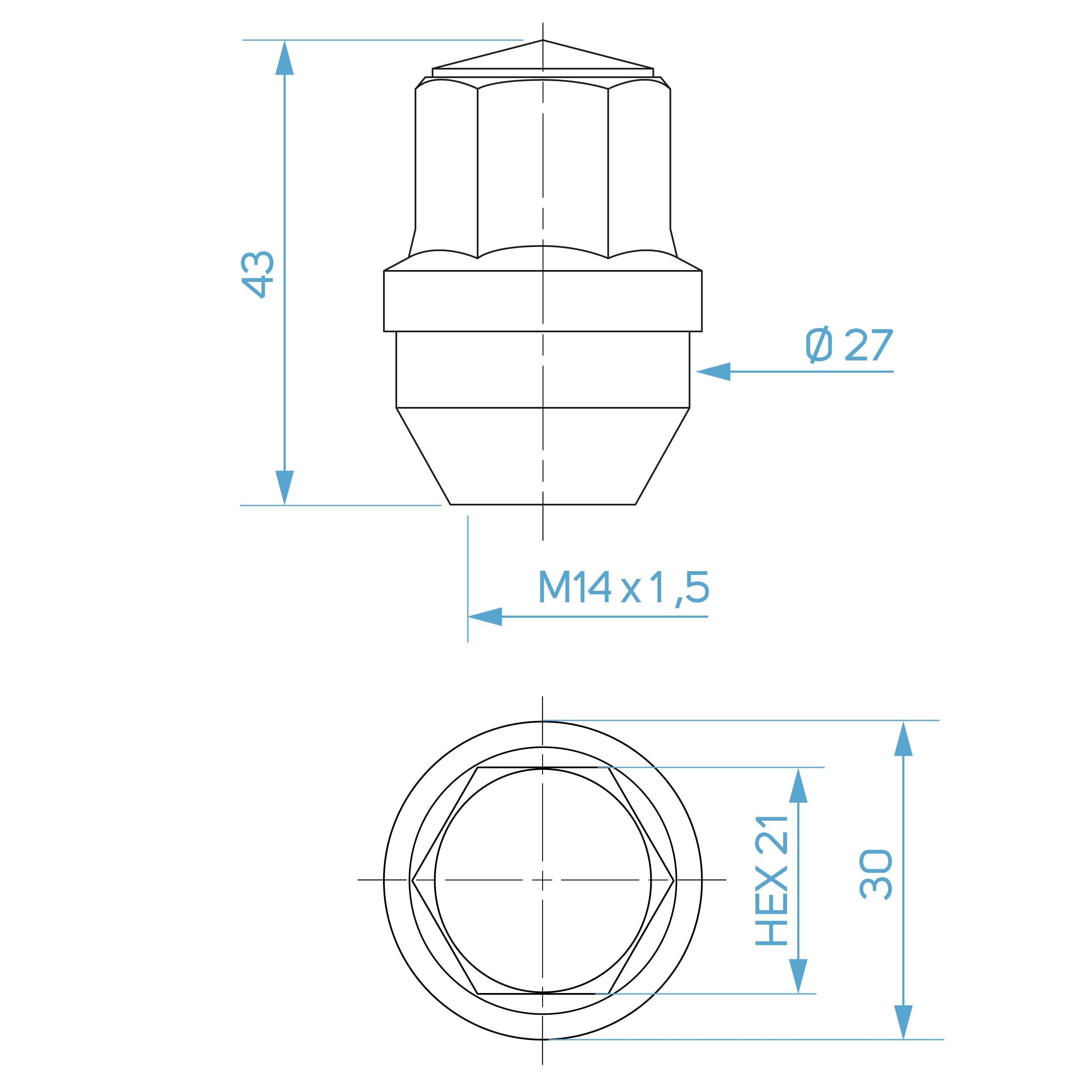 Nakrętki kół M14x1,5 typ TES zamknięte ocynk SW21, 20 szt. do Tesla