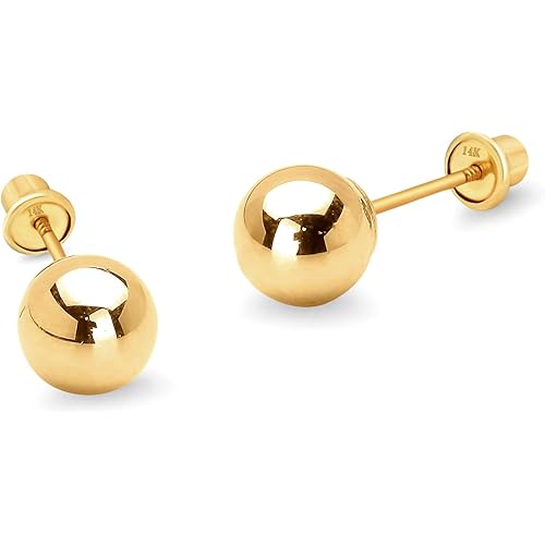 14k Yellow Gold 2,3,4,5,6mm Plain Hollow Gold Ball Children Screw back Baby Girls Stud Earrings