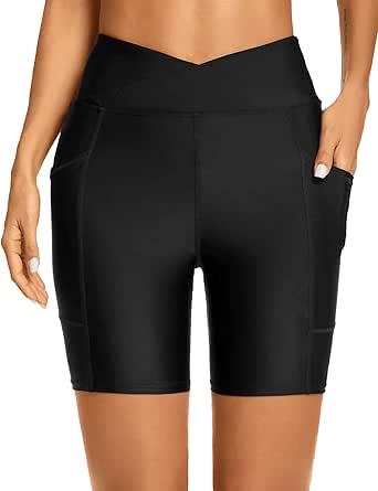 Lecieldusoir Women's Swim Shorts High Waisted Swimsuit Board Shorts Cross Waist Bathing Suit Bottoms UPF 50+ with Pockets